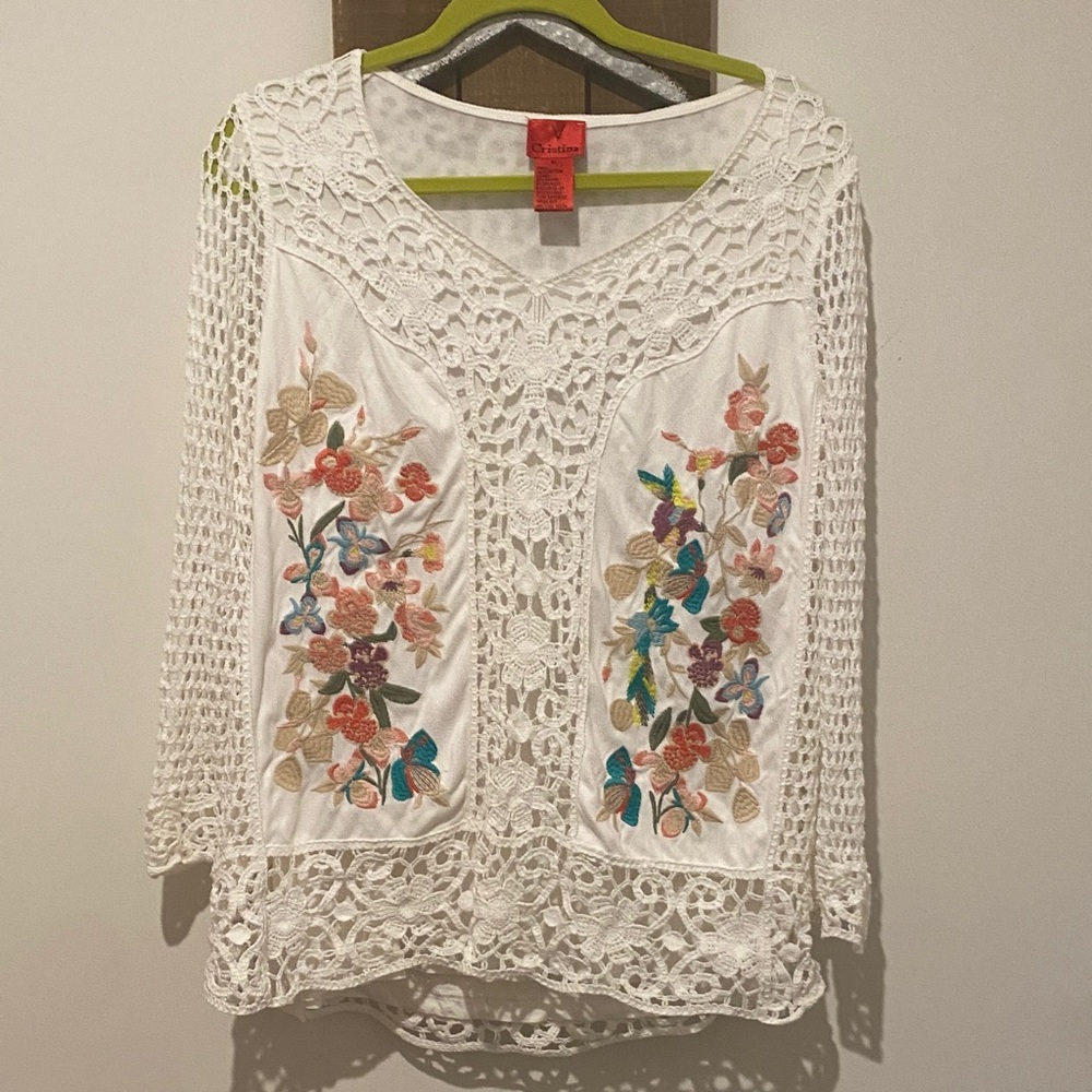 Christina White Crochet Boho Blouse with Multicolor Floral Embroidery
